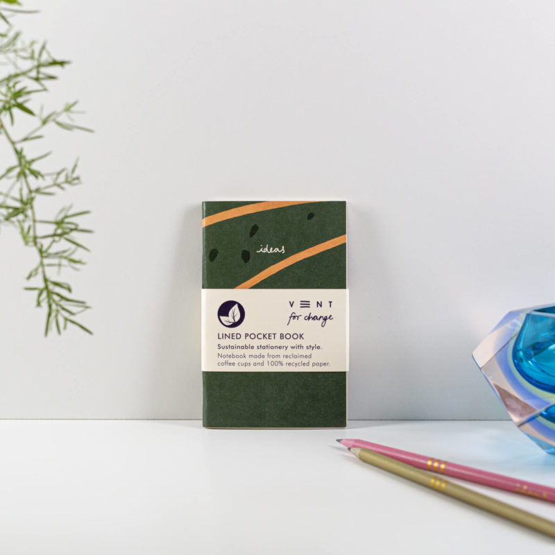 Recycled Pocket Notebook - Green with lined pages. Made from recycled paper and card Protecting the planet and supporting children's education projects.