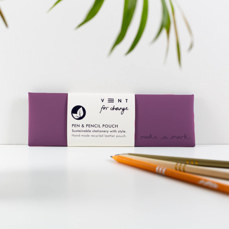 Pen/Pencil Pouch Recycled Leather - Purple. Stylish pencil case made from recycled leather. Protecting the planet & supporting children's education projects.