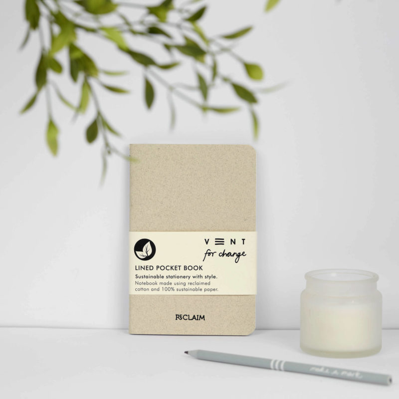 A6 Notebook Pearl cotton - Reclaim made using reclaimed cotton with lined pages from sustainable paper Protecting the planet and supporting children's education projects.