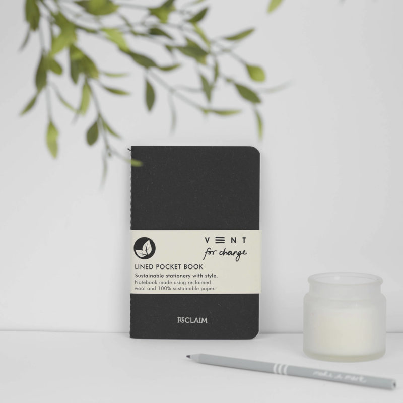 A6 Notebook Black Wool - Reclaim made using reclaimed wool with lined pages from sustainable paper Protecting the planet and supporting children's education projects.