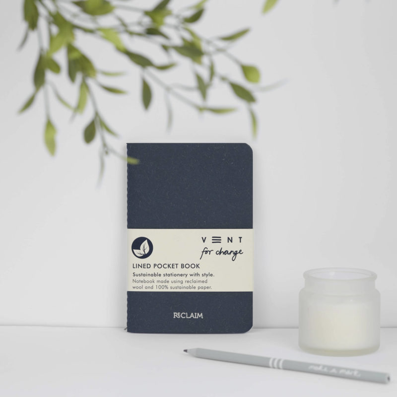 A6 Notebook Black Wool - Reclaim made using reclaimed wool with lined pages from sustainable paper Protecting the planet and supporting children's education projects.