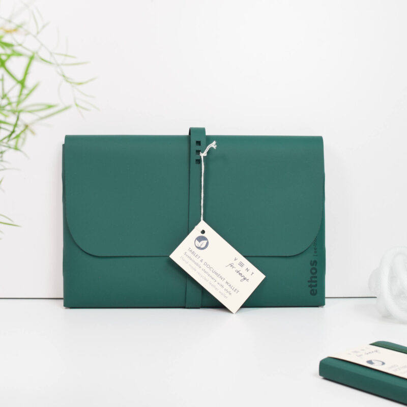Recycled leather A4 document and tablet wallet - ETHOS Emerald Green