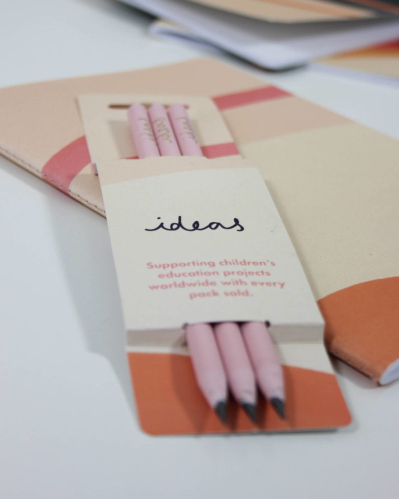 Recycled Pencils - Ideas Cream Sleeve with, graphite Carnation Pink pencils. Protecting the planet and supporting children's education projects. Made in UK