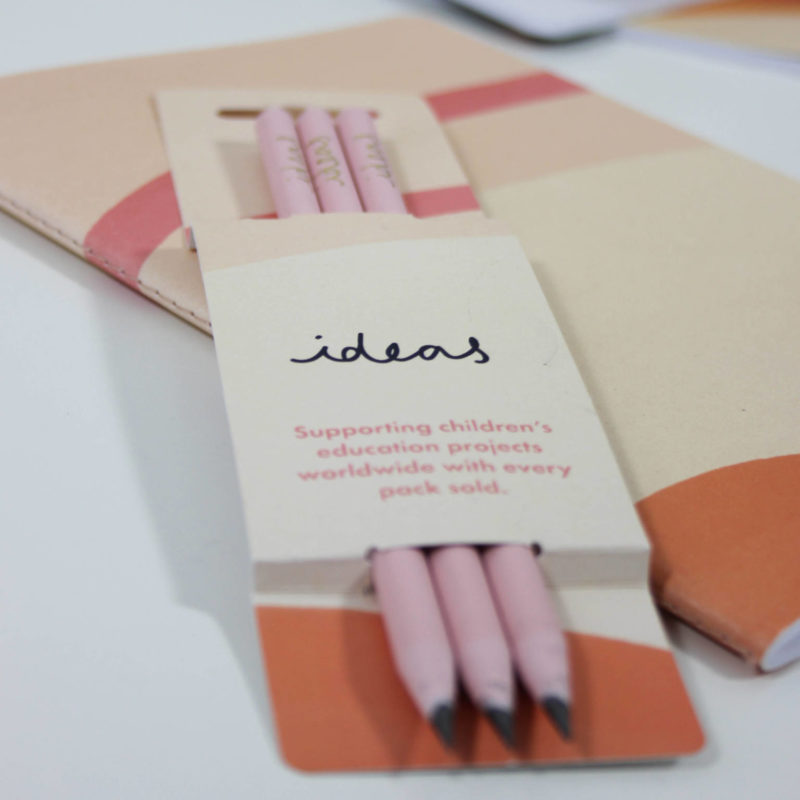 Recycled Pencils - Ideas Cream Sleeve with, graphite Carnation Pink pencils. Protecting the planet and supporting children's education projects. Made in UK