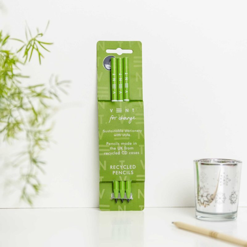 Recycled Pencils - Green. Graphite pencils from old CD cases. Part of the Make a Mark Range. Protecting the planet and supporting children's education projects. Made in the UK.