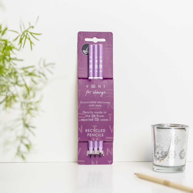 Recycled Pencils - Purple. Graphite pencils from old CD cases. Part of the Make a Mark Range. Protecting the planet and supporting children's education projects. Made in the UK.