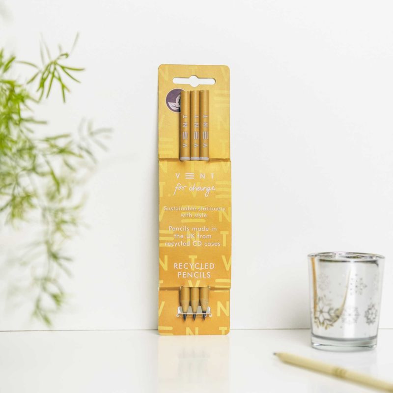 Recycled Pencils - Yellow. Graphite pencils from old CD cases. Part of the Make a Mark Range. Protecting the planet and supporting children's education projects. Made in the UK.