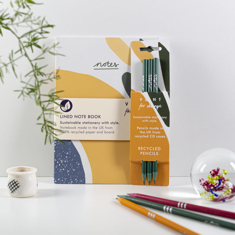 Notebook and Pencils Set - Recycled paper and board A5 lined notebook. Pack of 3 recycled pencils. Protect the planet - support education. Made in the UK.