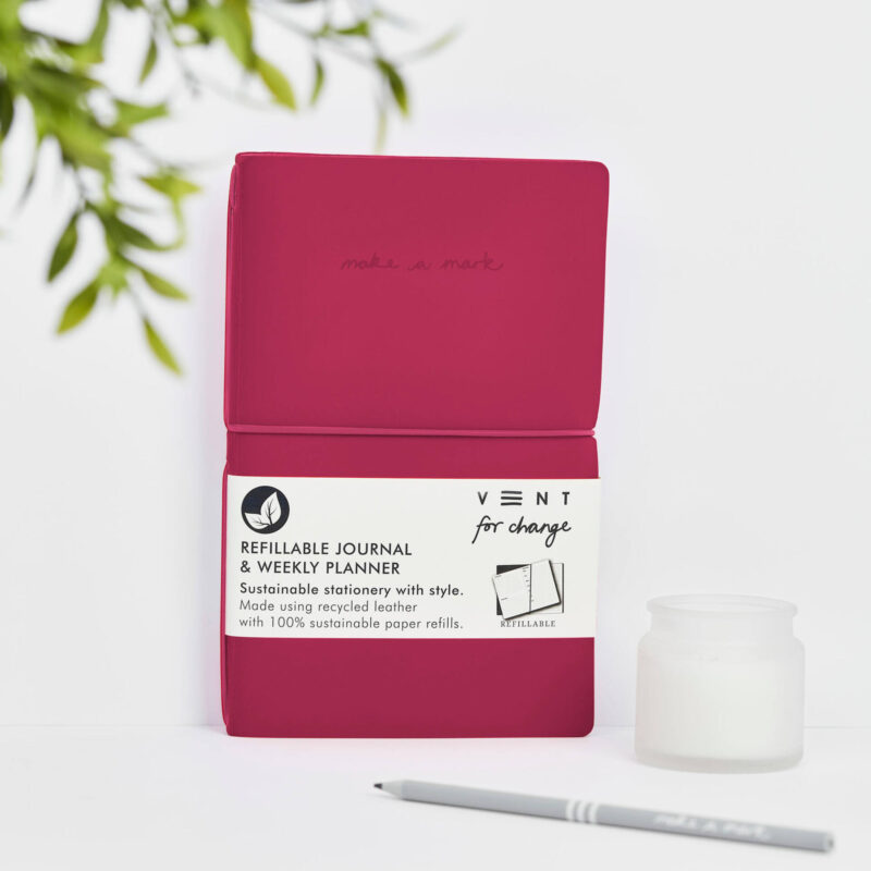 Recycled Leather Planner - Raspberry Pink.  Refillable weekly planner from our Make a Mark range.