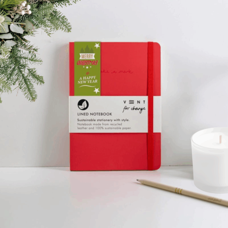 Christmas Recycled Leather A5 Lined Notebook - Red
