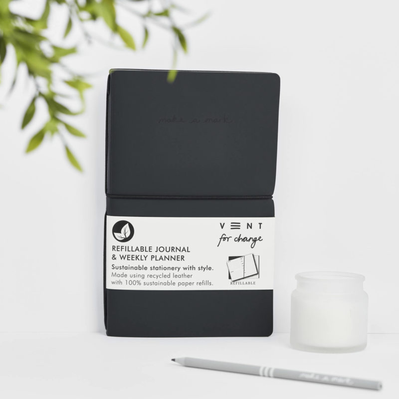 Recycled Leather Planner - Charcoal. Refillable Weekly Planner and lined notes in Charcoal Black from our Make a Mark Range. Protecting the planet and supporting children's education