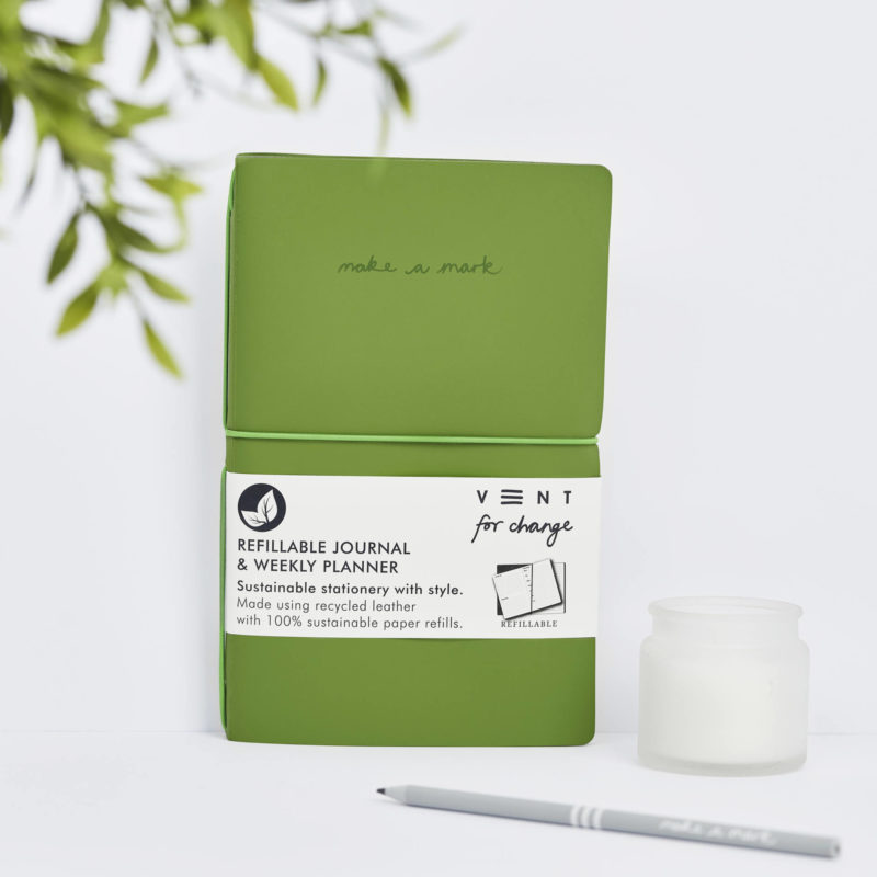 Recycled Leather Planner - Green.  Refillable weekly planner from our Make a Mark range.