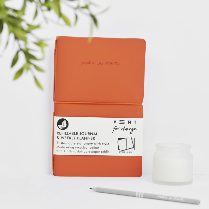 Recycled Leather Planner - Orange Refillable Weekly Planner and lined notes in Orange from our Make a Mark Range. Protecting the planet and supporting children's education