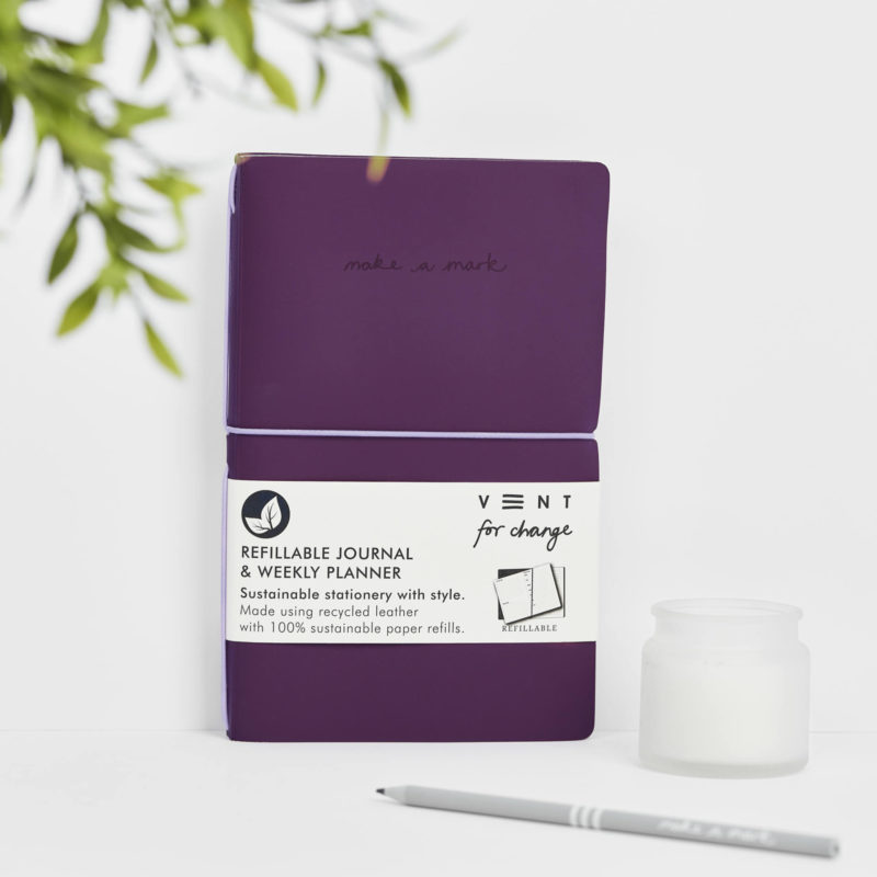 Recycled Leather Planner - Charcoal. Refillable Weekly Planner and lined notes in Purple from our Make a Mark Range. Protecting the planet and supporting children's education
