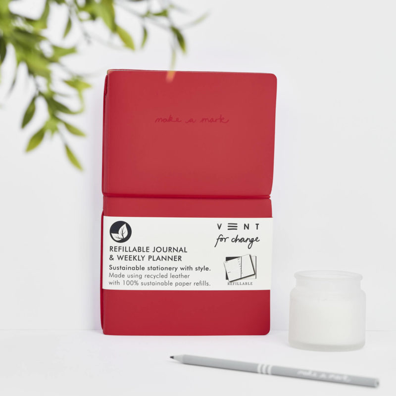 Recycled Leather Planner - Red Refillable Weekly Planner and lined notes in Orange from our Make a Mark Range. Protecting the planet and supporting children's education