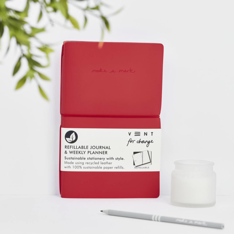 Recycled Leather Planner - Red Refillable Weekly Planner and lined notes in Orange from our Make a Mark Range. Protecting the planet and supporting children's education