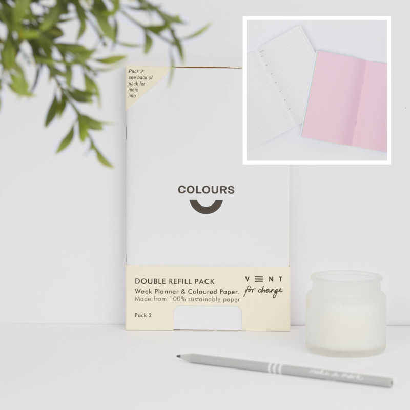 Sustainable Planner Refill Pack 2 for our refillable and recycled weekly planner / journals. Double Pack contains: 1 x MyPlan - Numbered lists To-Do Non-dated weekly diary (64 page/32 weeks) 1 x Colours - Plain coloured paper Pink blue yellow (64 page)