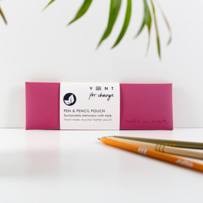 Pen/Pencil Pouch Recycled Leather - Pink. Stylish pencil case made from recycled leather. Protecting the planet & supporting children's education projects.