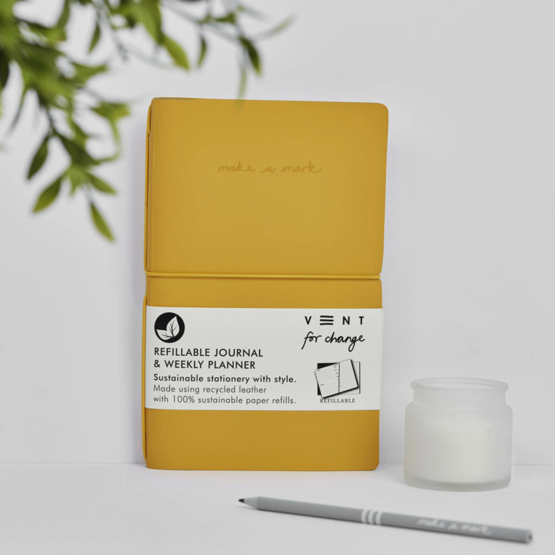Recycled Leather Planner - Yellow Refillable Weekly Planner and lined notes in Orange from our Make a Mark Range. Protecting the planet and supporting children's education